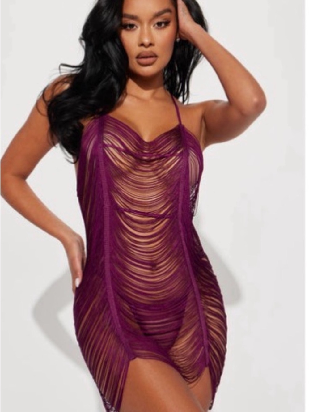 Fashion Nova Plum Fringe Sheer Mini Dress/Thongs